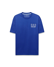 Mens Nathaniel Relaxed Fit Tee, a vibrant royal blue jersey t-shirt with a white center chest graphic featuring three Psycho Bunny skull logos, brand name, and New York Since 2005 text.