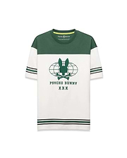 Mens Mike Graphic Jersey Tee, classic fit, with a green color block upper and white lower body. Features a large central green Psycho Bunny skull globe graphic, plus green and black striped sleeves and hem. (6)