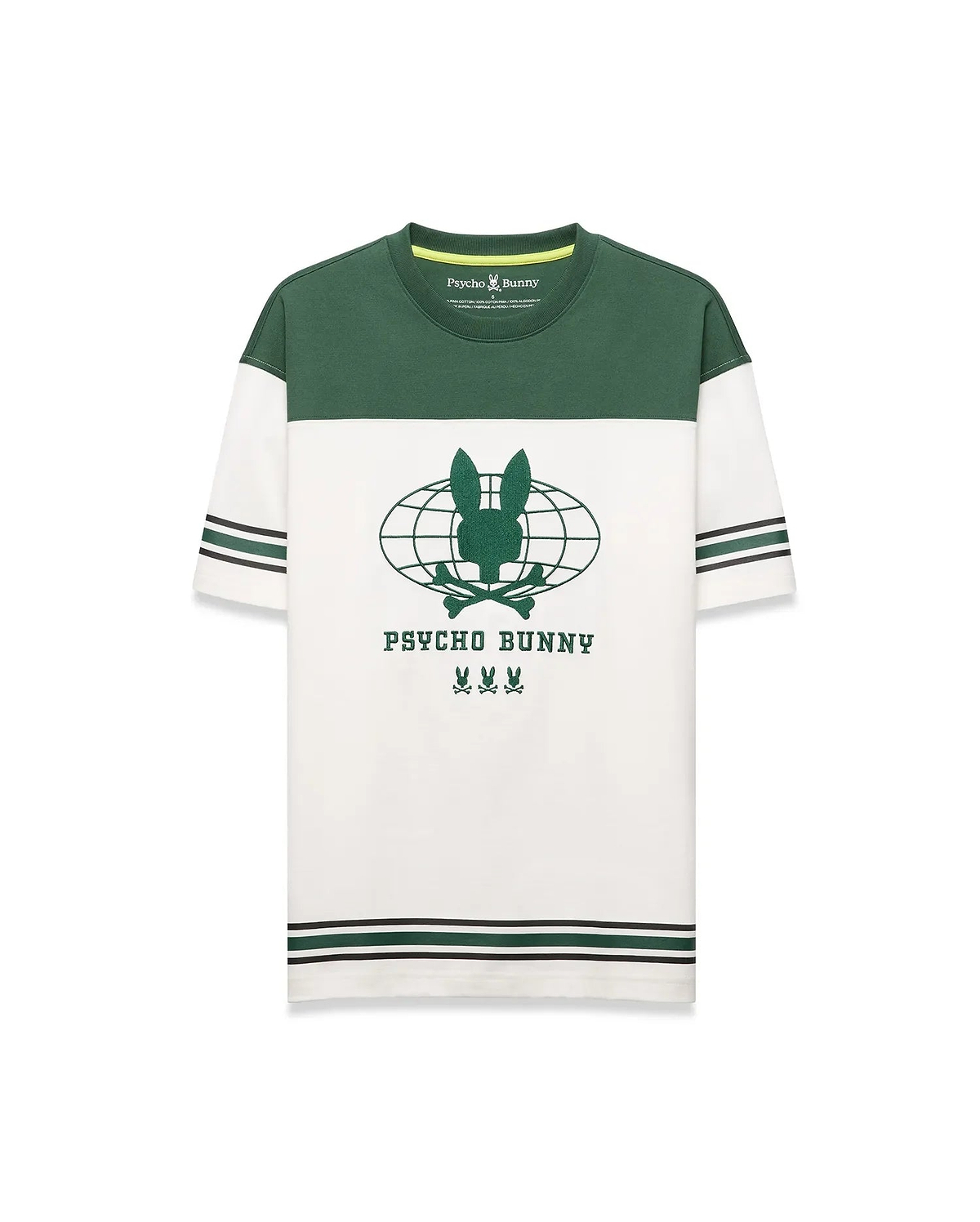 Mens Mike Graphic Jersey Tee, classic fit, with a green color block upper and white lower body. Features a large central green Psycho Bunny skull globe graphic, plus green and black striped sleeves and hem. (6)