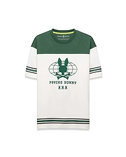Mens Mike Graphic Jersey Tee, classic fit, with a green color block upper and white lower body. Features a large central green Psycho Bunny skull globe graphic, plus green and black striped sleeves and hem. (6)
