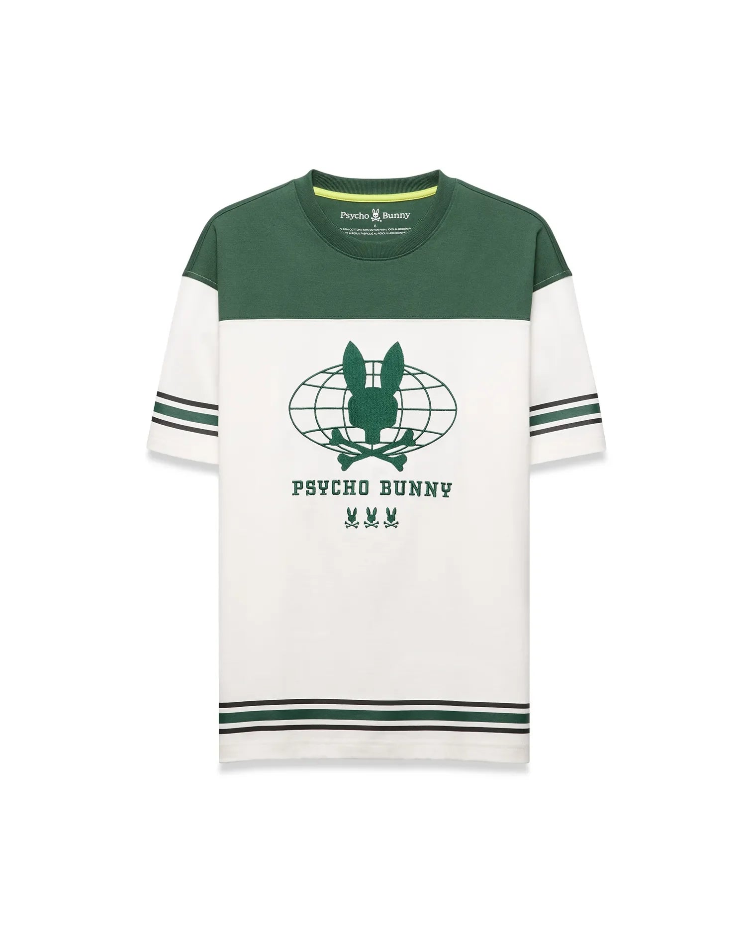 Mens Mike Graphic Jersey Tee, classic fit, with a green color block upper and white lower body. Features a large central green Psycho Bunny skull globe graphic, plus green and black striped sleeves and hem. (6)