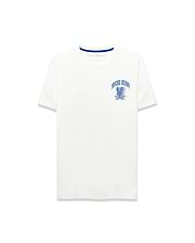 White jersey Mens Nathaniel Back Graphic Tee, classic fit, with a small embroidered Psycho Bunny logo on the chest and a bold blue arched Psycho Bunny skull graphic on the front, featuring blue neck tape.