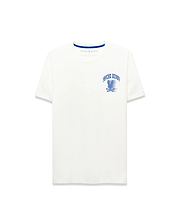 White jersey Mens Nathaniel Back Graphic Tee, classic fit, with a small embroidered Psycho Bunny logo on the chest and a bold blue arched Psycho Bunny skull graphic on the front, featuring blue neck tape.