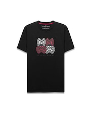 Mens Ledger Graphic Tee in black jersey, classic fit, with a large central chest graphic featuring two red and white Psycho Bunny skull logos with crossbones and Psycho Bunny text. (1)