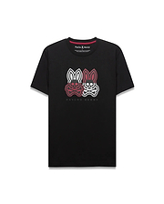 Mens Ledger Graphic Tee in black jersey, classic fit, with a large central chest graphic featuring two red and white Psycho Bunny skull logos with crossbones and Psycho Bunny text. (1)