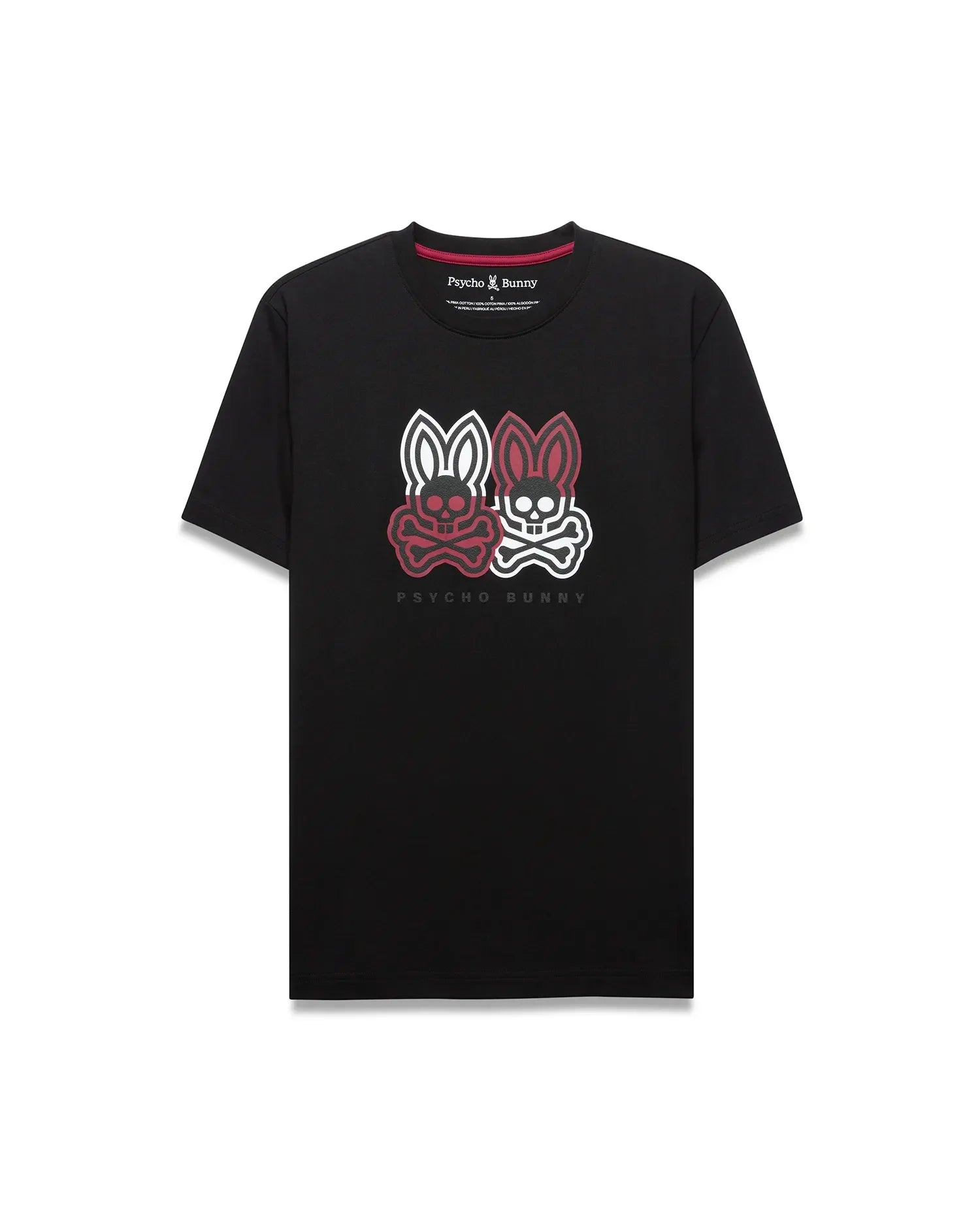 Mens Ledger Graphic Tee in black jersey, classic fit, with a large central chest graphic featuring two red and white Psycho Bunny skull logos with crossbones and Psycho Bunny text. (1)