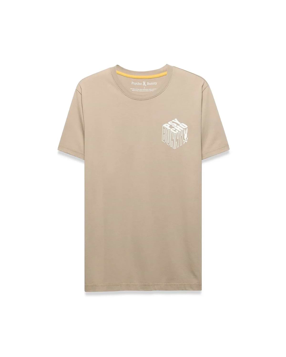 Mens Conan Back Graphic Tee, a classic fit tan jersey t-shirt featuring a large white 3D-effect Psycho Bunny text and skull logo graphic on the left chest, with yellow inner neck tape. (5)