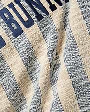 MENS Nathaniel Relaxed Raglan Tee, a relaxed fit textured knit with alternating beige and heathered navy-white vertical stripes, featuring large navy embroidered BUNNY text.