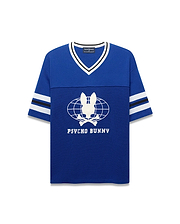 Royal blue Mens Mike Knit Graphic Jersey, relaxed fit, with white/black striped knit V-neck and sleeves. Features a large white Psycho Bunny skull globe graphic and text on the mesh-textured chest. (6)