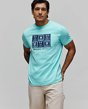 Mens Keon Graphic Tee, a classic fit aqua jersey t-shirt with a large dark blue center chest graphic print featuring six Psycho Bunny skull logos in a grid above PSYCHO BUNNY text.