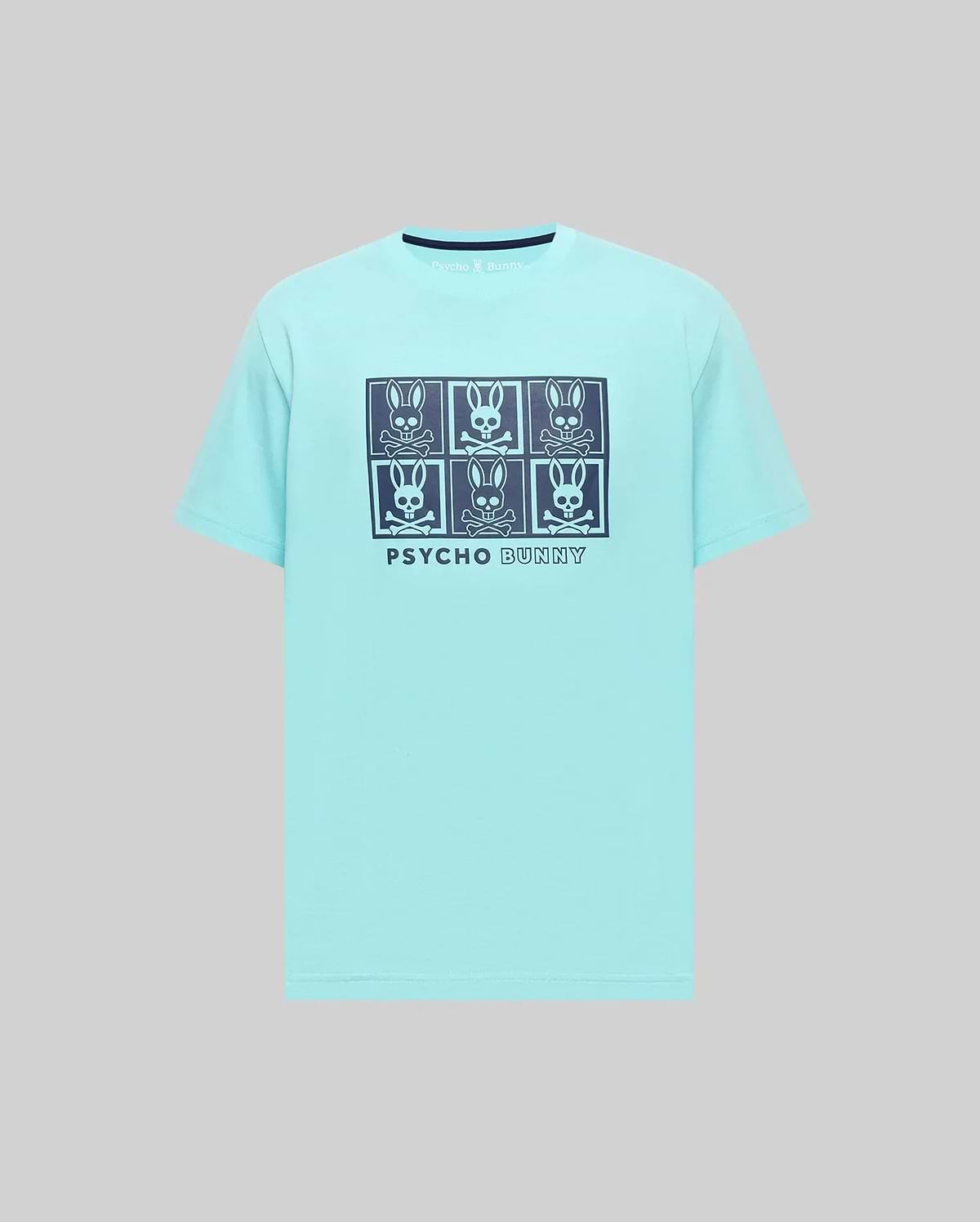 Mens Keon Graphic Tee, light blue jersey knit, classic fit t-shirt with a large dark blue grid graphic of six Psycho Bunny skull logos and text on the chest.