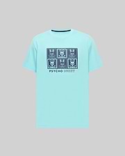 Mens Keon Graphic Tee, light blue jersey knit, classic fit t-shirt with a large dark blue grid graphic of six Psycho Bunny skull logos and text on the chest.