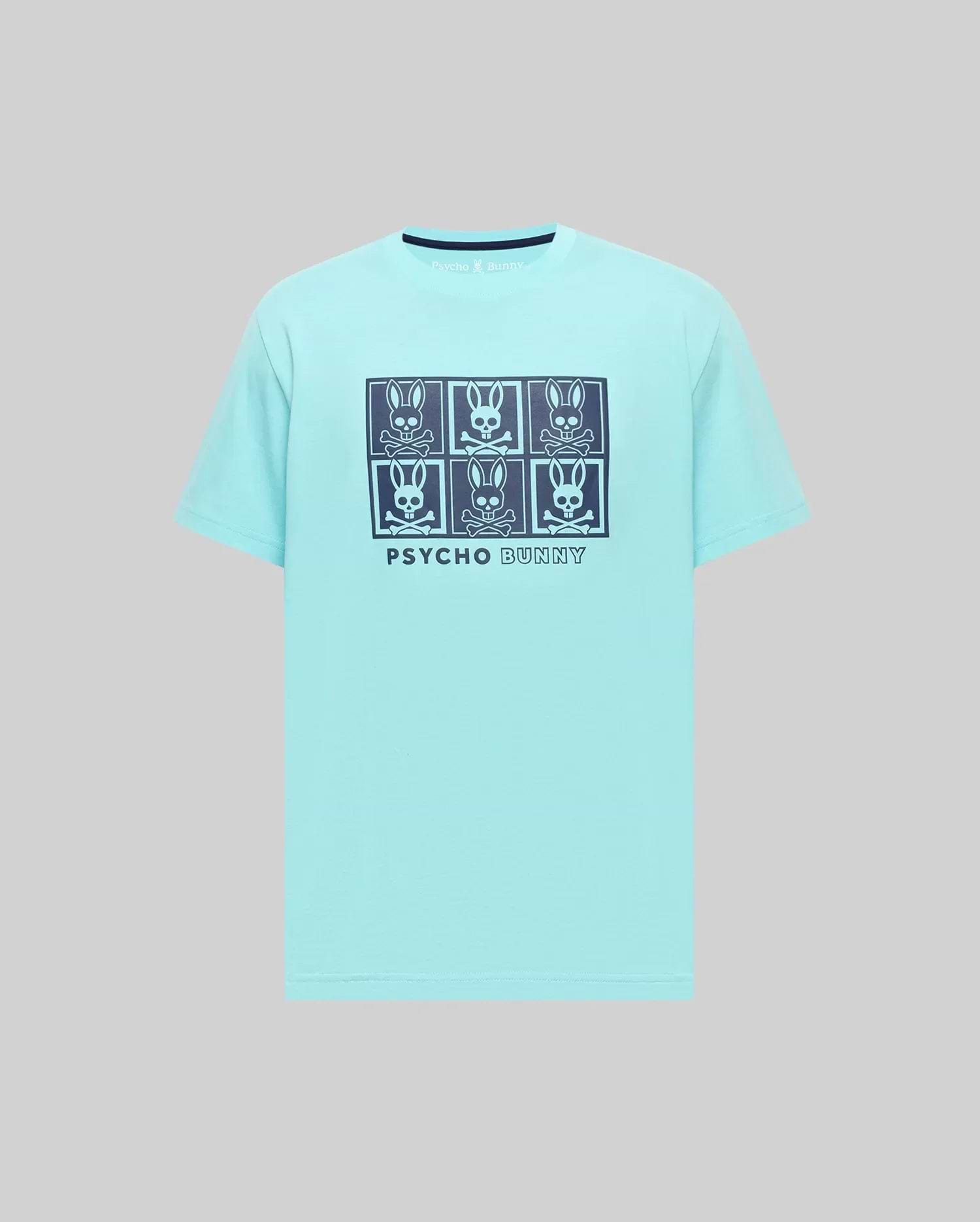 Mens Keon Graphic Tee, light blue jersey knit, classic fit t-shirt with a large dark blue grid graphic of six Psycho Bunny skull logos and text on the chest.