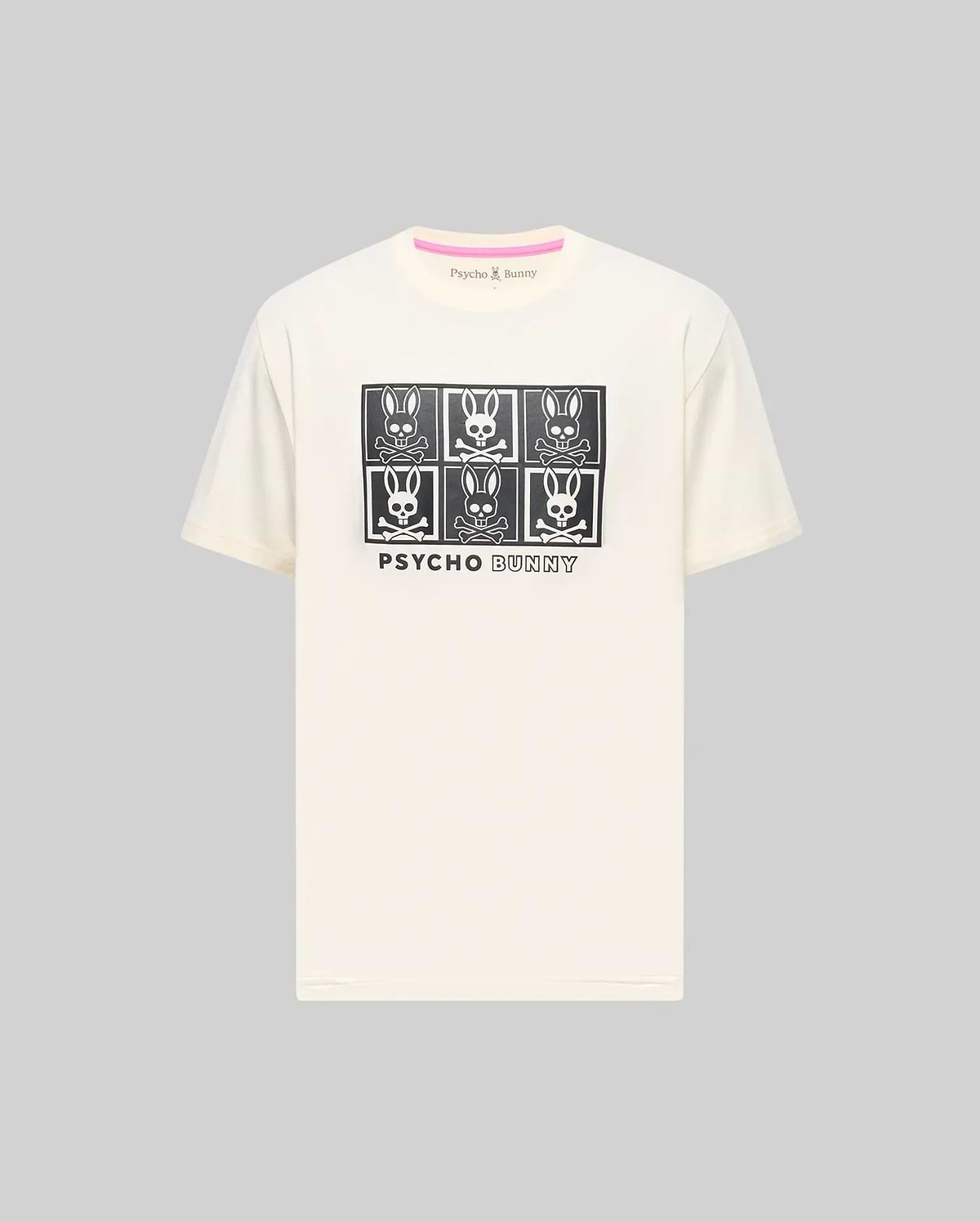 Mens Keon Graphic Tee, cream classic fit jersey knit t-shirt with a large central black graphic of six Psycho Bunny skull logos in a grid and Psycho Bunny text, featuring a pink inner neck tape. (1)