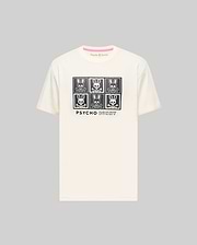 Mens Keon Graphic Tee, cream classic fit jersey knit t-shirt with a large central black graphic of six Psycho Bunny skull logos in a grid and Psycho Bunny text, featuring a pink inner neck tape. (1)