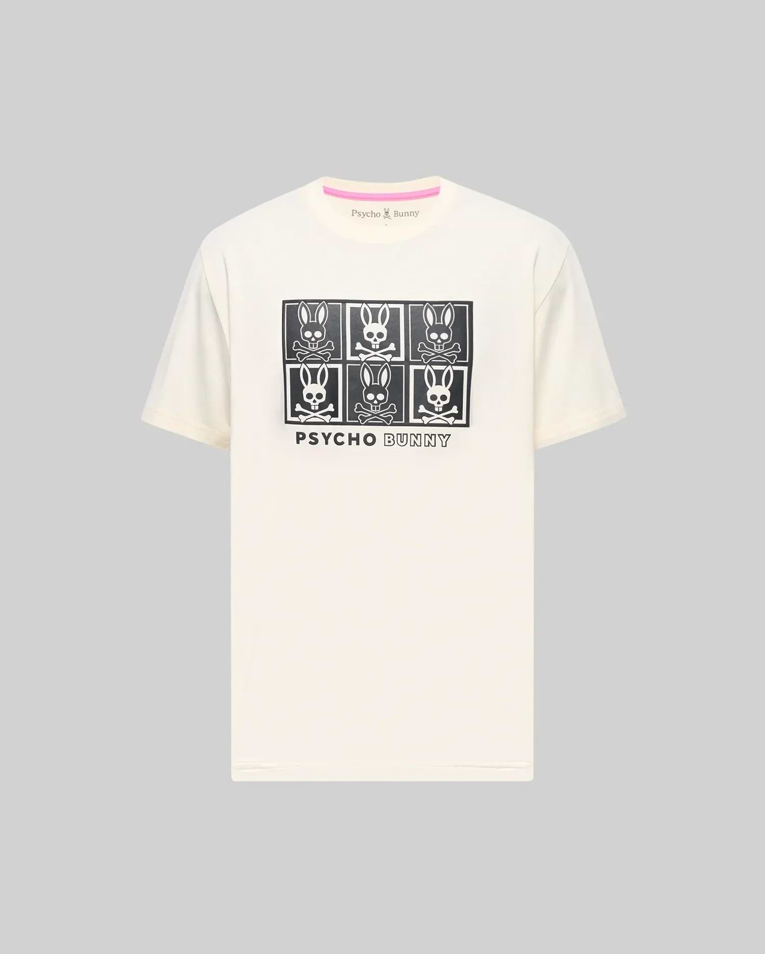 Mens Keon Graphic Tee, cream classic fit jersey knit t-shirt with a large central black graphic of six Psycho Bunny skull logos in a grid and Psycho Bunny text, featuring a pink inner neck tape. (1)