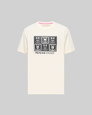 Mens Keon Graphic Tee, cream classic fit jersey knit t-shirt with a large central black graphic of six Psycho Bunny skull logos in a grid and Psycho Bunny text, featuring a pink inner neck tape. (1)