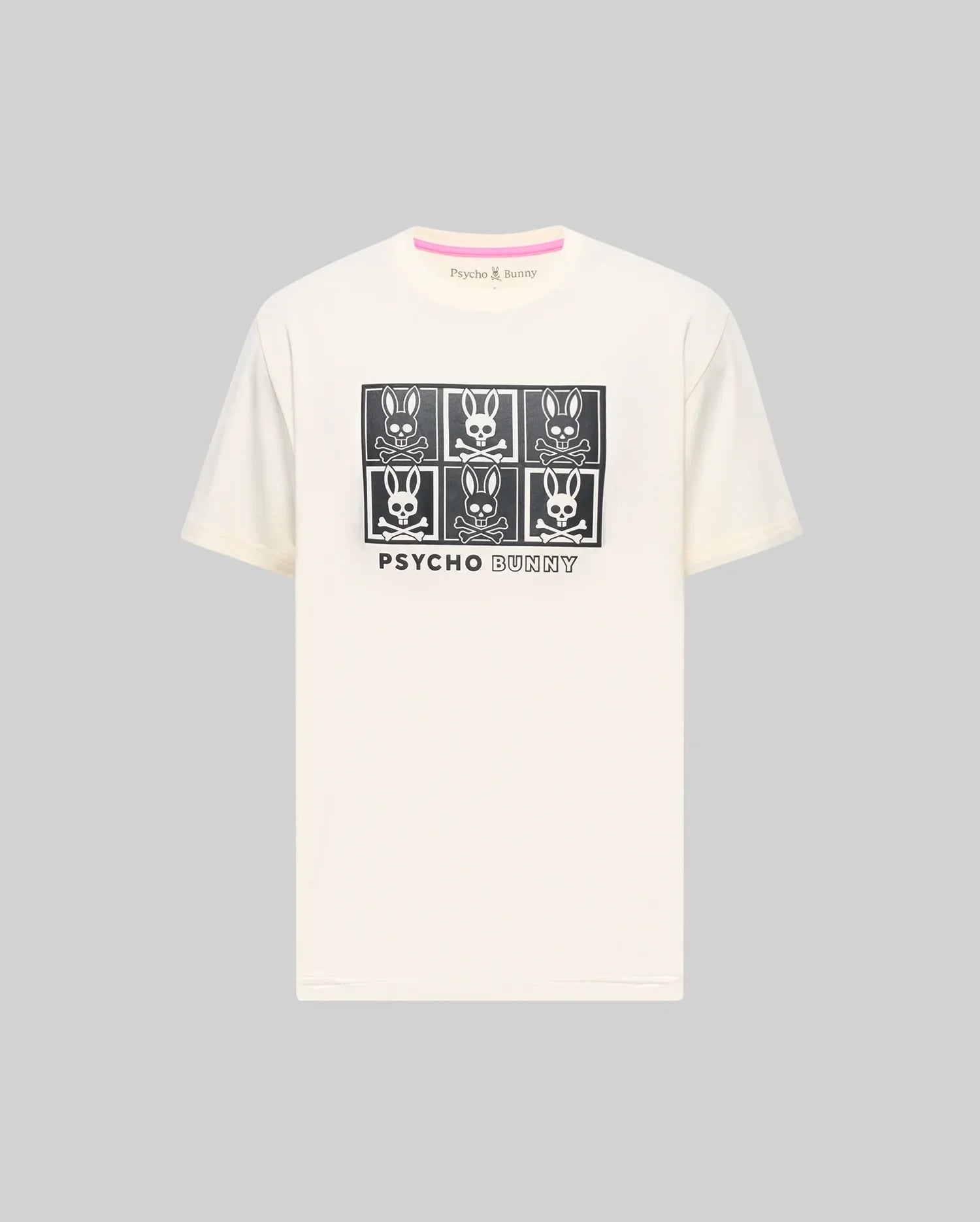Mens Keon Graphic Tee, cream classic fit jersey knit t-shirt with a large central black graphic of six Psycho Bunny skull logos in a grid and Psycho Bunny text, featuring a pink inner neck tape. (1)