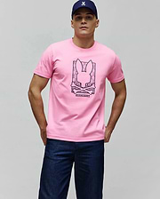 Mens Keon Embroidered Graphic Tee: Pink jersey t-shirt, classic fit, with a large dark pink central Psycho Bunny skull and crossbones graphic, framed by a mini skull pattern and Psycho Bunny text. (2)
