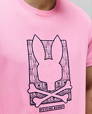 Mens Keon Embroidered Graphic Tee: Classic fit pink jersey t-shirt with a large central dark blue embroidered Psycho Bunny skull graphic, featuring a repeating bunny skull and crossbones pattern inside, and Psycho Bunny text below. (3)