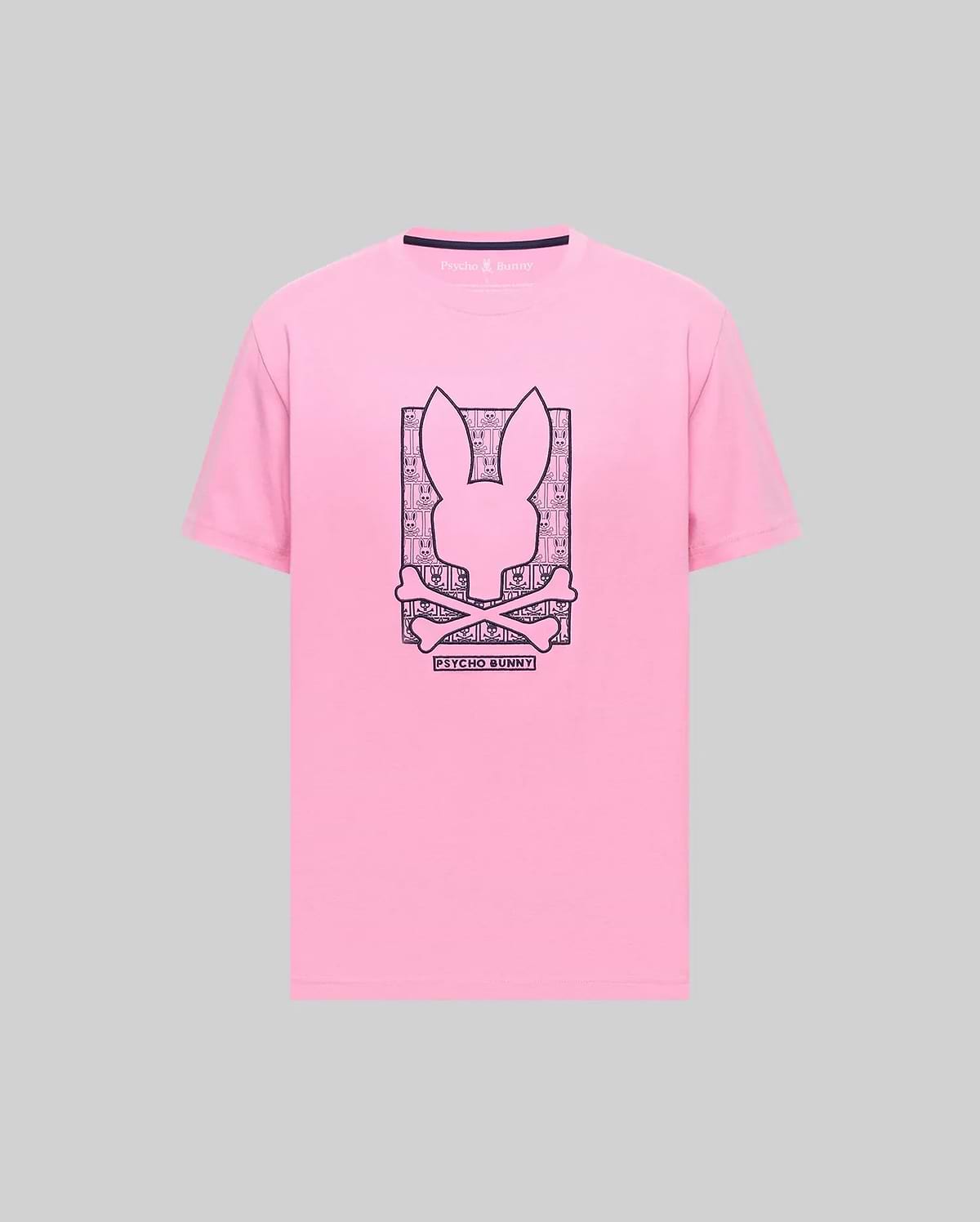 Mens Keon Embroidered Graphic Tee: Pink classic fit jersey t-shirt with a large dark blue embroidered Psycho Bunny skull and crossbones graphic on the chest, framed by smaller bunny skulls and Psycho Bunny text. (1)