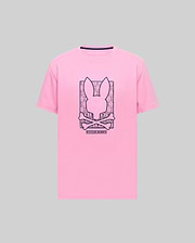 Mens Keon Embroidered Graphic Tee: Pink classic fit jersey t-shirt with a large dark blue embroidered Psycho Bunny skull and crossbones graphic on the chest, framed by smaller bunny skulls and Psycho Bunny text. (1)