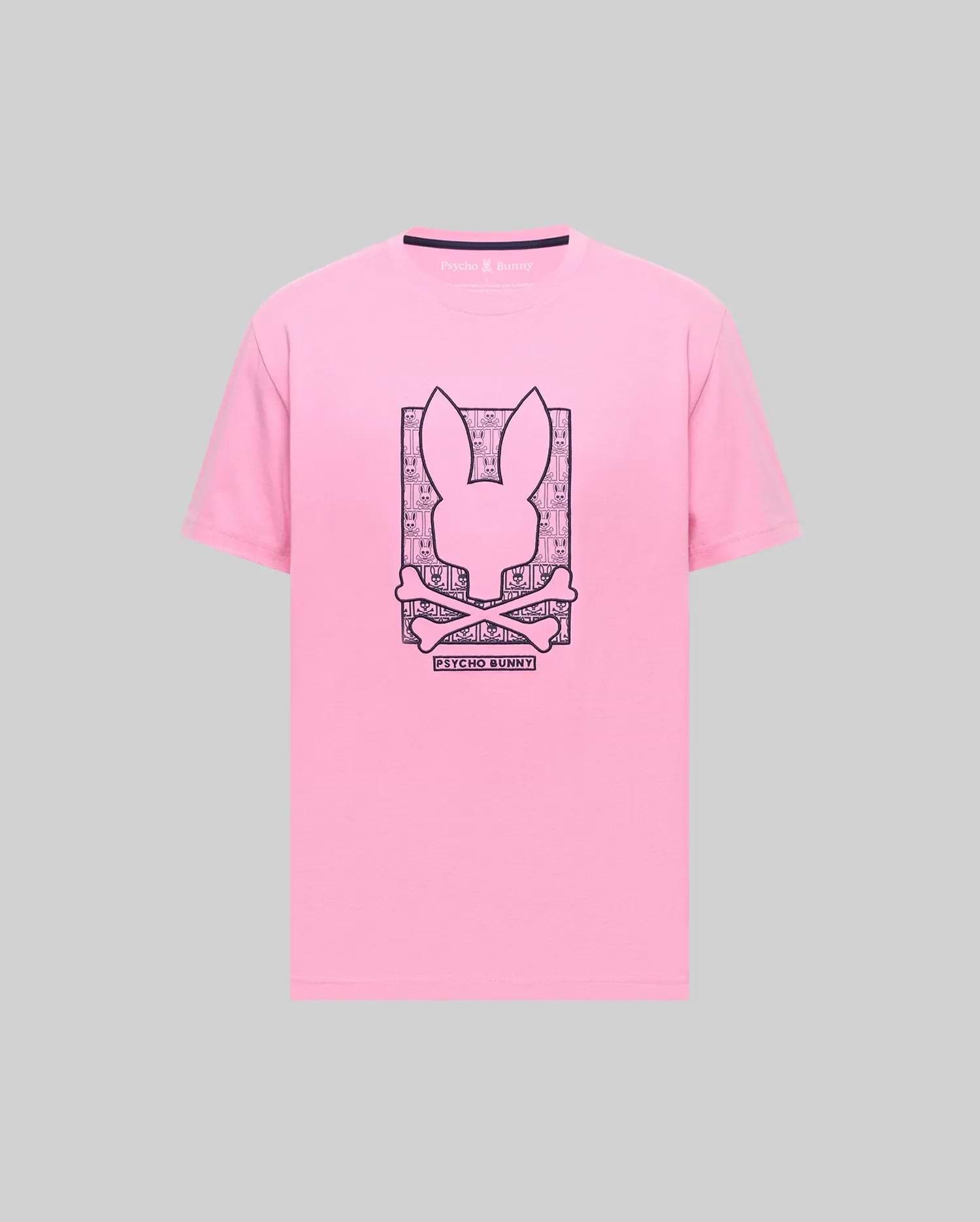 Mens Keon Embroidered Graphic Tee: Pink classic fit jersey t-shirt with a large dark blue embroidered Psycho Bunny skull and crossbones graphic on the chest, framed by smaller bunny skulls and Psycho Bunny text. (1)