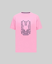Mens Keon Embroidered Graphic Tee: Pink classic fit jersey t-shirt with a large dark blue embroidered Psycho Bunny skull and crossbones graphic on the chest, framed by smaller bunny skulls and Psycho Bunny text. (1)