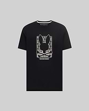 Mens Keon Embroidered Graphic Tee, a black classic fit jersey knit t-shirt featuring a large white Psycho Bunny skull logo graphic with intricate patterns on the chest and a small logo on the back neck. (1)