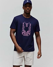 Mens Keon Embroidered Graphic Tee, a navy classic fit jersey knit t-shirt featuring a large central pink embroidered graphic of the iconic Psycho Bunny skull logo with intricate patterns. (2)