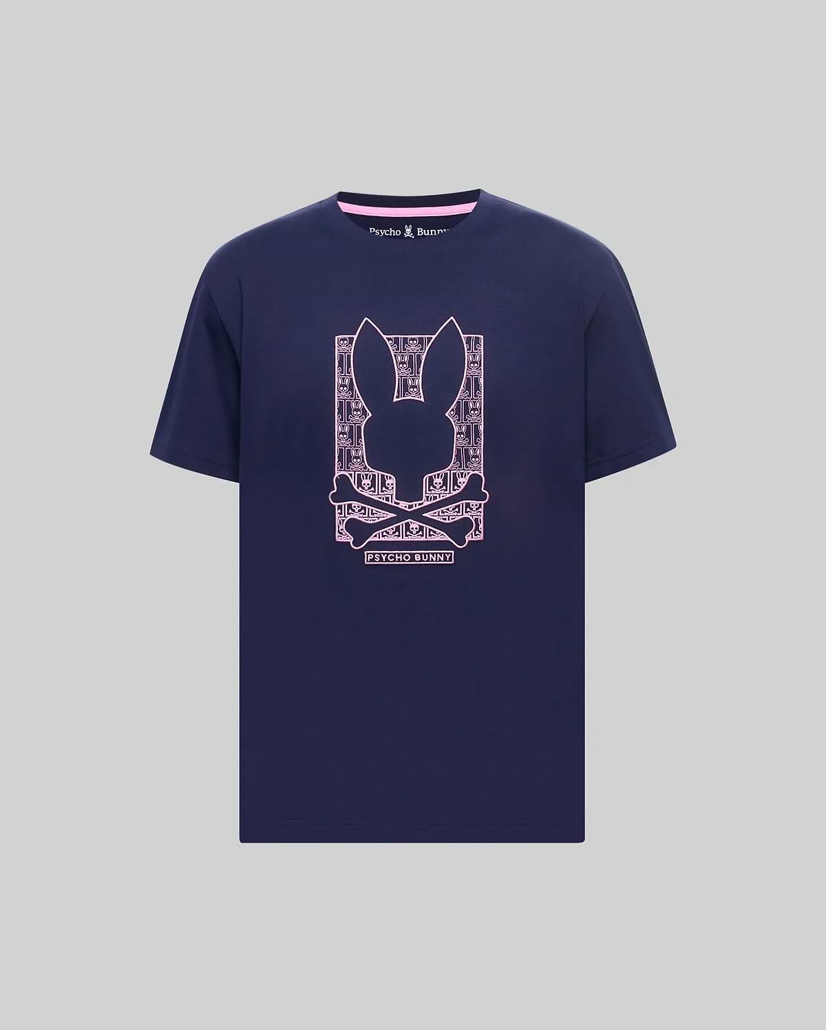 Navy classic fit jersey t-shirt with a large pink Psycho Bunny skull graphic on the chest, featuring a patterned background and pink inner neck trim. Mens Keon Embroidered Graphic Tee. (1)