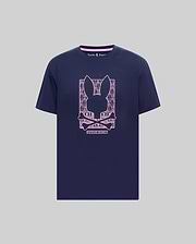 Navy classic fit jersey t-shirt with a large pink Psycho Bunny skull graphic on the chest, featuring a patterned background and pink inner neck trim. Mens Keon Embroidered Graphic Tee. (1)