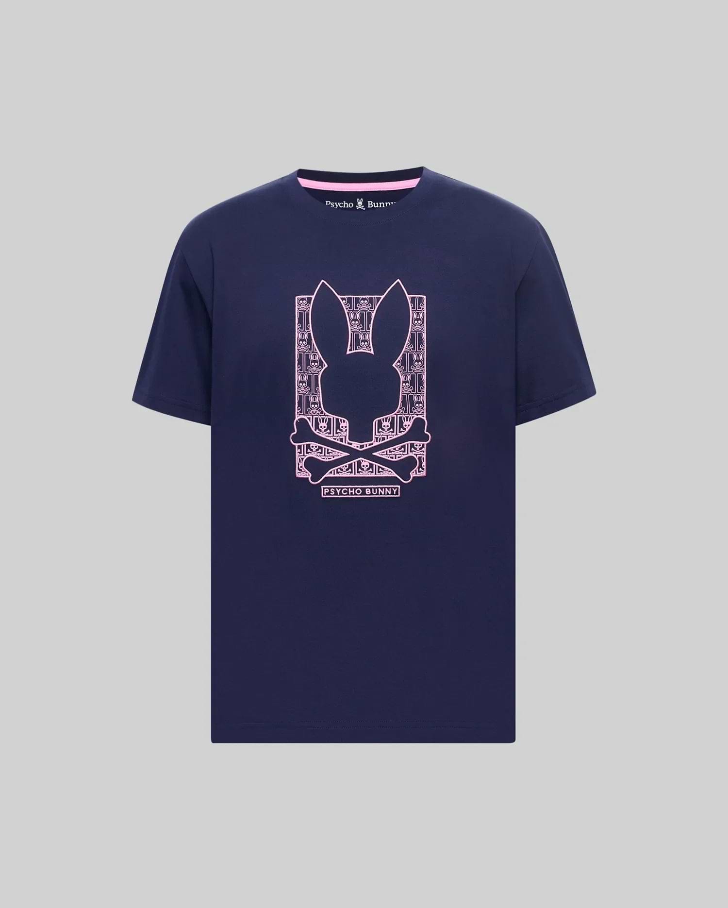 Navy classic fit jersey t-shirt with a large pink Psycho Bunny skull graphic on the chest, featuring a patterned background and pink inner neck trim. Mens Keon Embroidered Graphic Tee. (1)