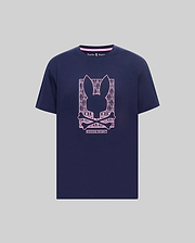 Navy classic fit jersey t-shirt with a large pink Psycho Bunny skull graphic on the chest, featuring a patterned background and pink inner neck trim. Mens Keon Embroidered Graphic Tee. (1)