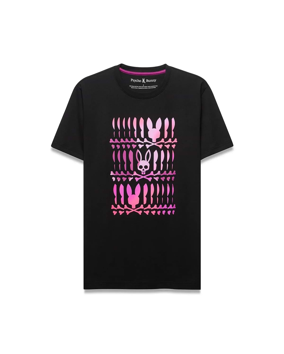 Mens Lewis Graphic Tee, a classic fit black jersey t-shirt featuring a large central gradient pink-to-purple graphic of stacked Psycho Bunny skull logos and crossbones.