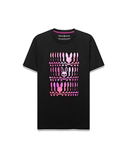 Mens Lewis Graphic Tee, a classic fit black jersey t-shirt featuring a large central gradient pink-to-purple graphic of stacked Psycho Bunny skull logos and crossbones.