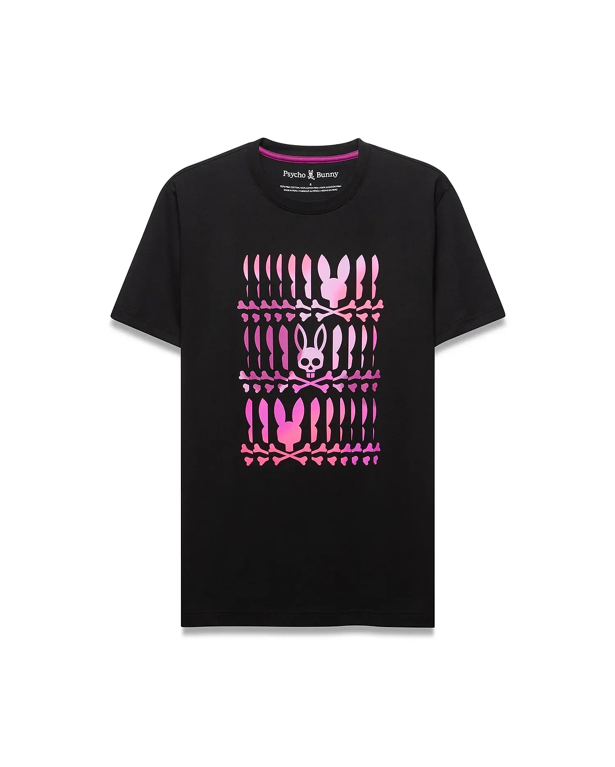 Mens Lewis Graphic Tee, a classic fit black jersey t-shirt featuring a large central gradient pink-to-purple graphic of stacked Psycho Bunny skull logos and crossbones.