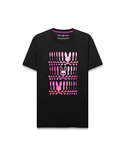 Mens Lewis Graphic Tee, a classic fit black jersey t-shirt featuring a large central gradient pink-to-purple graphic of stacked Psycho Bunny skull logos and crossbones.