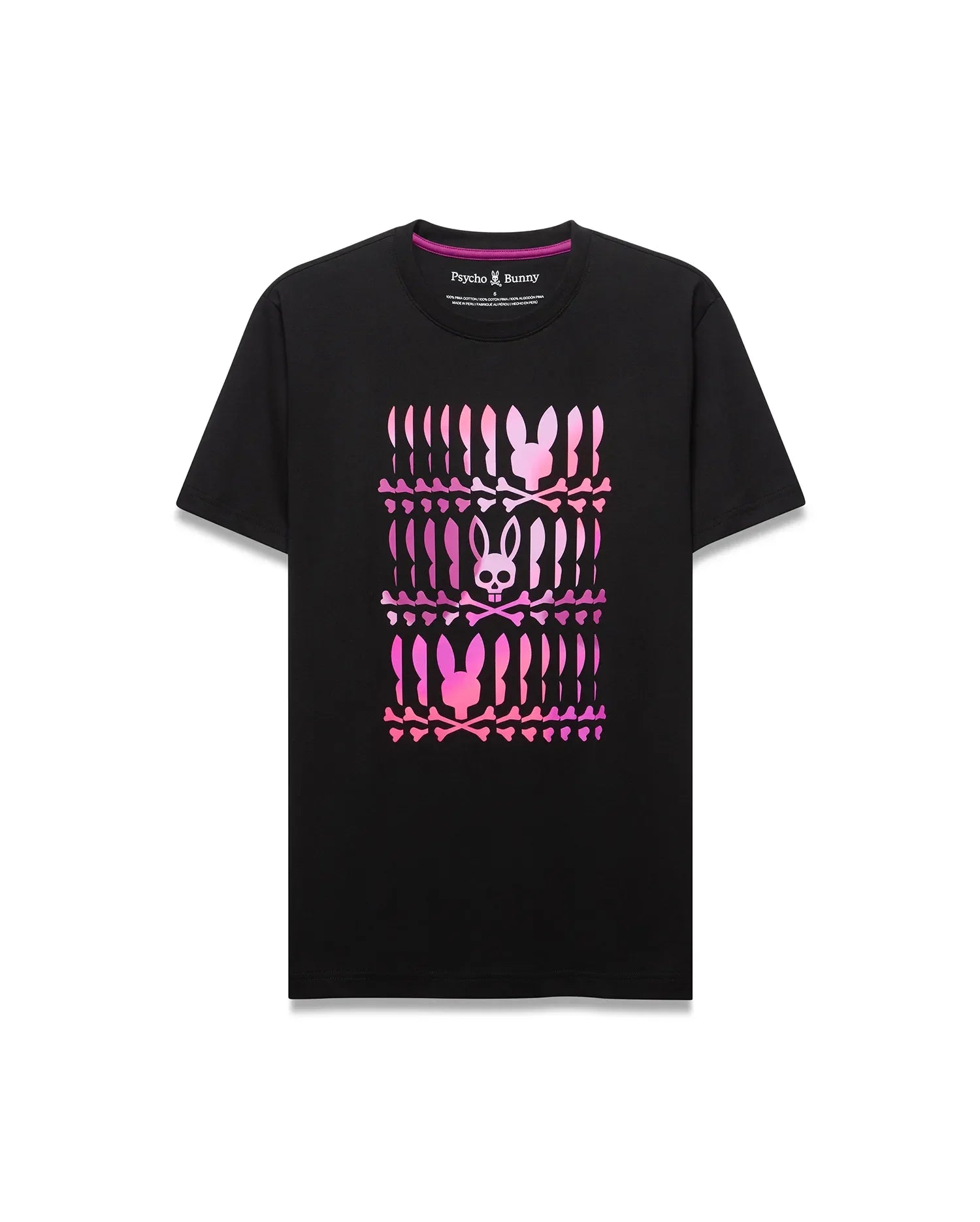 Mens Lewis Graphic Tee, a classic fit black jersey t-shirt featuring a large central gradient pink-to-purple graphic of stacked Psycho Bunny skull logos and crossbones.