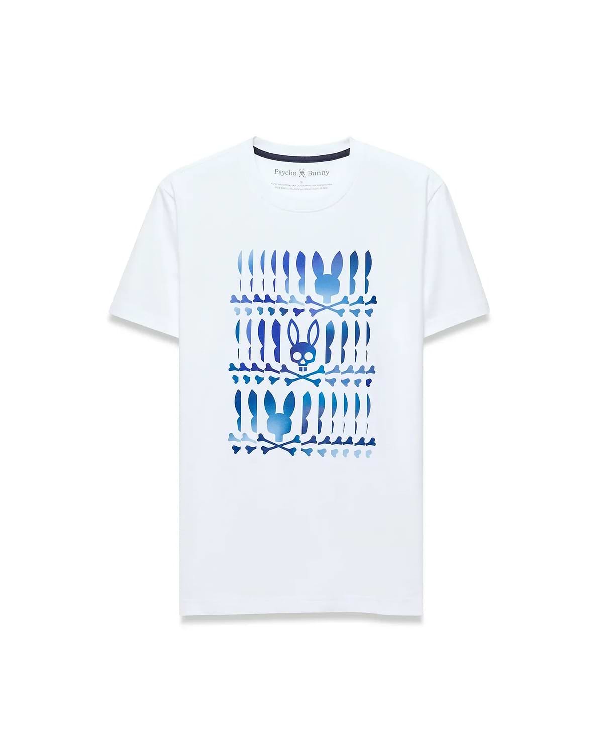 White Mens Lewis Graphic Tee, classic fit, soft jersey, with a bold blue gradient central graphic print of stacked Psycho Bunny skull logos and crossbones. (1)