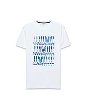White Mens Lewis Graphic Tee, classic fit, soft jersey, with a bold blue gradient central graphic print of stacked Psycho Bunny skull logos and crossbones. (1)