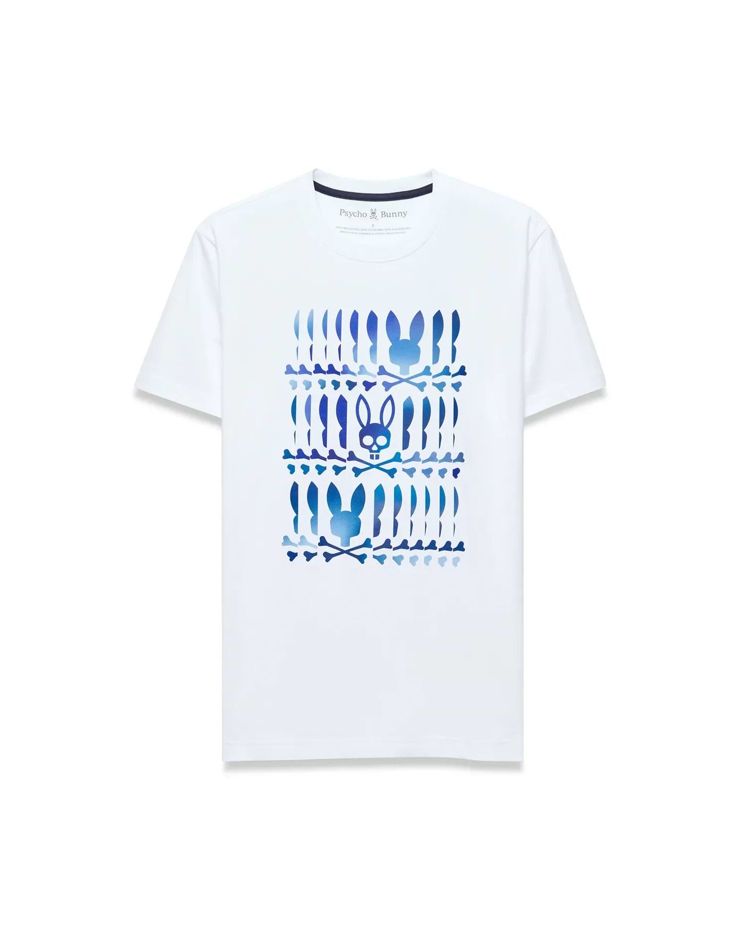 White Mens Lewis Graphic Tee, classic fit, soft jersey, with a bold blue gradient central graphic print of stacked Psycho Bunny skull logos and crossbones. (1)
