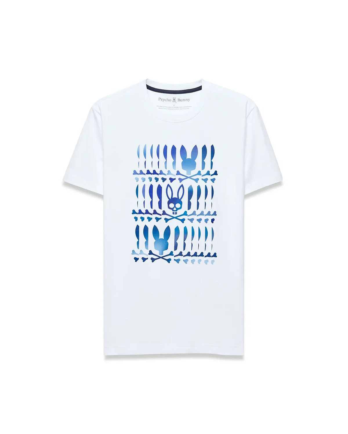White Mens Lewis Graphic Tee, classic fit, soft jersey, with a bold blue gradient central graphic print of stacked Psycho Bunny skull logos and crossbones. (1)