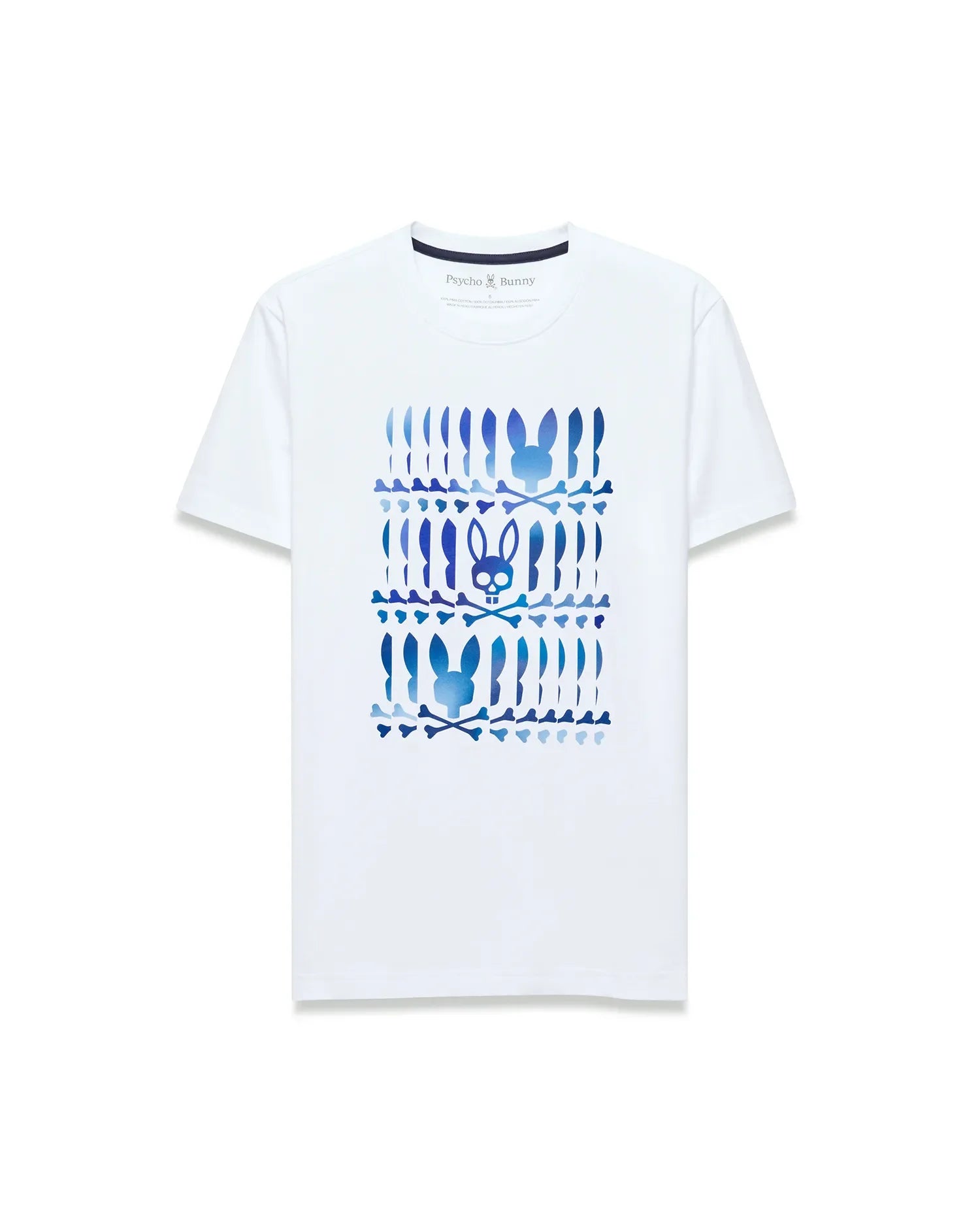 White Mens Lewis Graphic Tee, classic fit, soft jersey, with a bold blue gradient central graphic print of stacked Psycho Bunny skull logos and crossbones. (1)