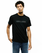 Mens Joji Wordmark Graphic Tee, black classic fit smooth jersey knit with a centered chest graphic of the outlined white/silver PSYCHO BUNNY wordmark.