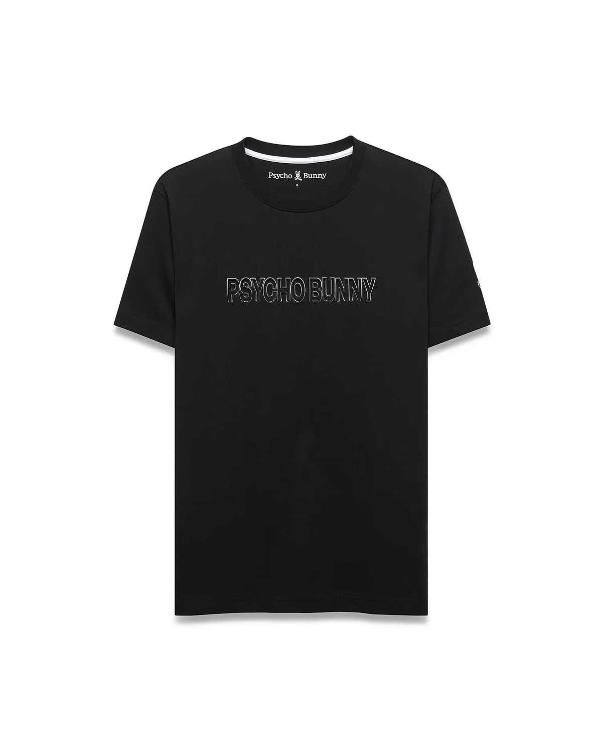 Mens Joji Wordmark Graphic Tee, a classic fit black jersey t-shirt with a white ribbed crewneck, featuring a large white outline PSYCHO BUNNY graphic on the front and a small embroidered bunny skull logo on the left chest.