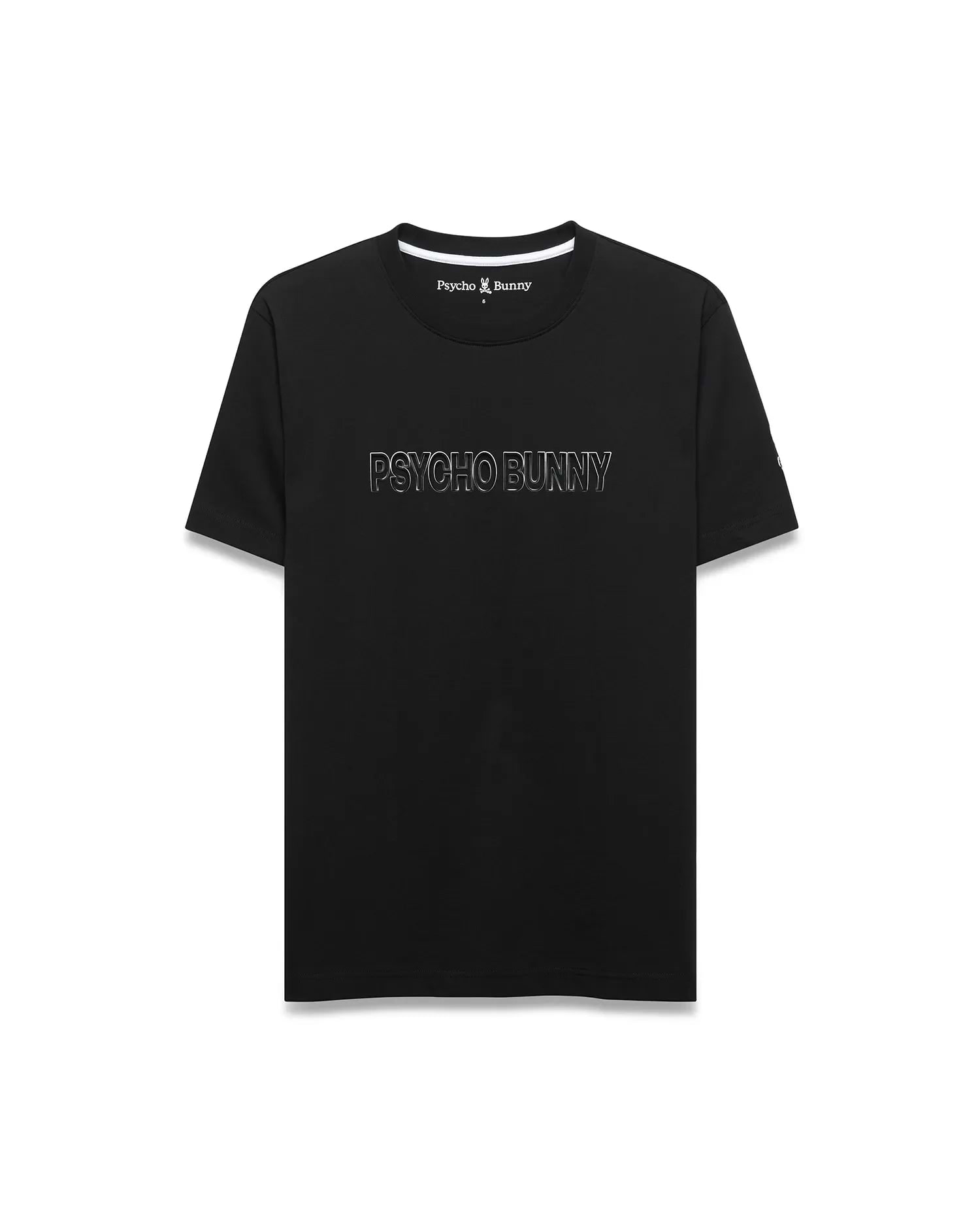 Mens Joji Wordmark Graphic Tee, a classic fit black jersey t-shirt with a white ribbed crewneck, featuring a large white outline PSYCHO BUNNY graphic on the front and a small embroidered bunny skull logo on the left chest.