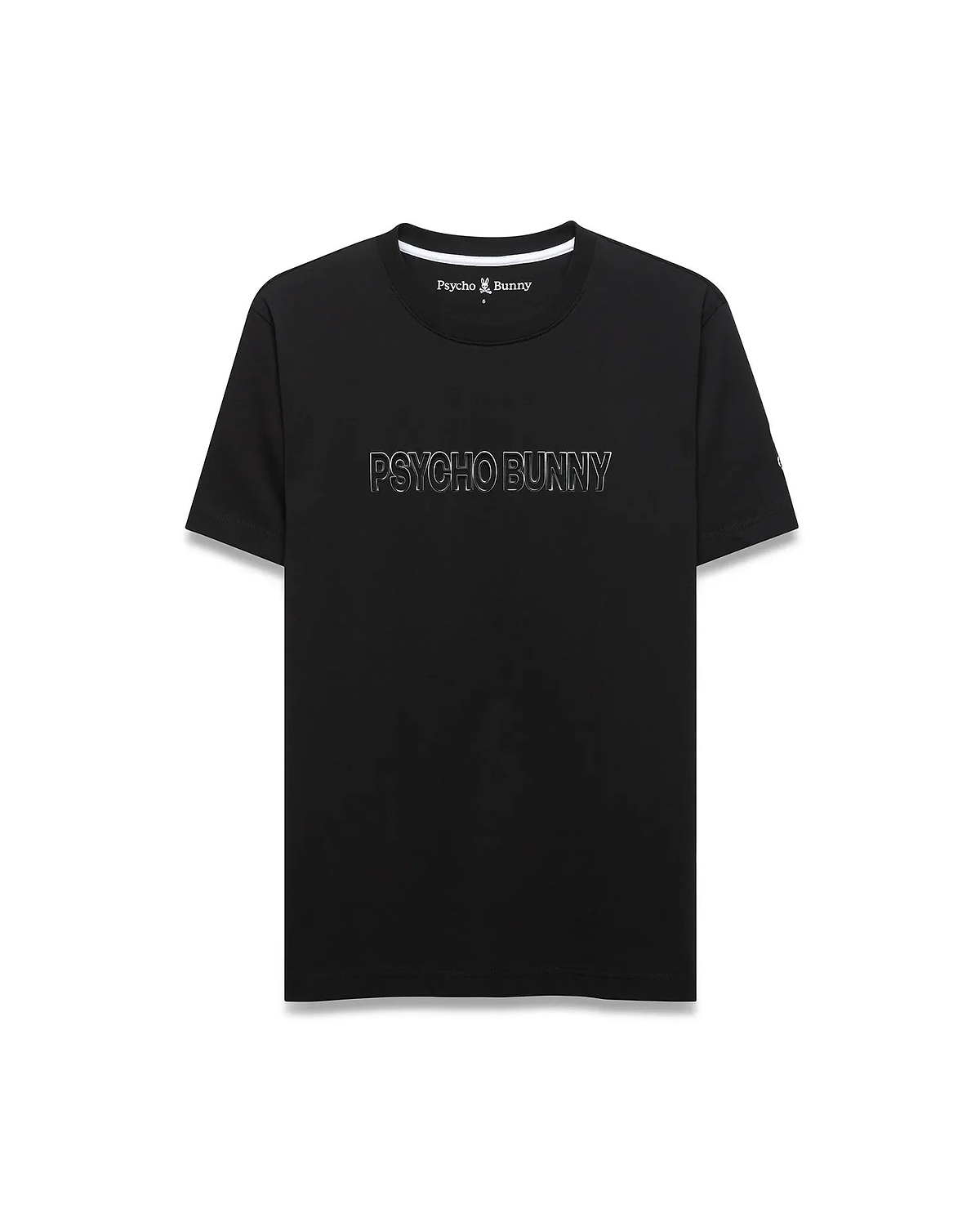 Mens Joji Wordmark Graphic Tee, a classic fit black jersey t-shirt with a white ribbed crewneck, featuring a large white outline PSYCHO BUNNY graphic on the front and a small embroidered bunny skull logo on the left chest.