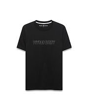 Mens Joji Wordmark Graphic Tee, a classic fit black jersey t-shirt with a white ribbed crewneck, featuring a large white outline PSYCHO BUNNY graphic on the front and a small embroidered bunny skull logo on the left chest.