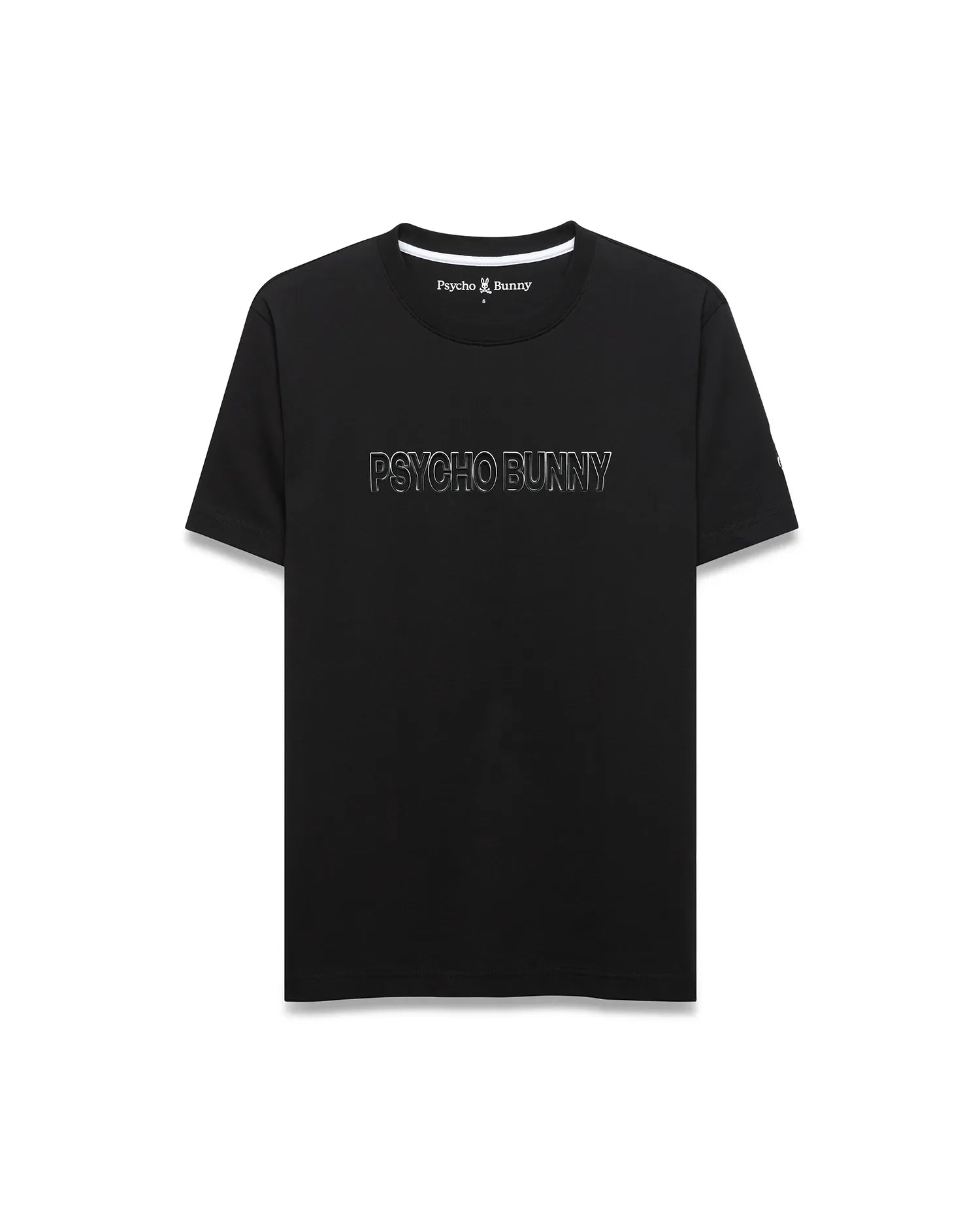 Mens Joji Wordmark Graphic Tee, a classic fit black jersey t-shirt with a white ribbed crewneck, featuring a large white outline PSYCHO BUNNY graphic on the front and a small embroidered bunny skull logo on the left chest.